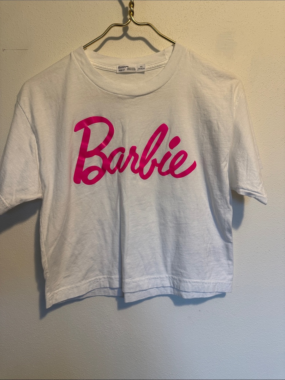 Hanes White Tee with Bright Pink Barbie Script
